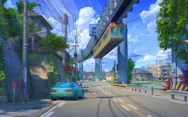 Anime-style HD wallpaper depicting a vibrant city street scene with a car and an elevated train passing through, set against a backdrop of fluffy clouds.