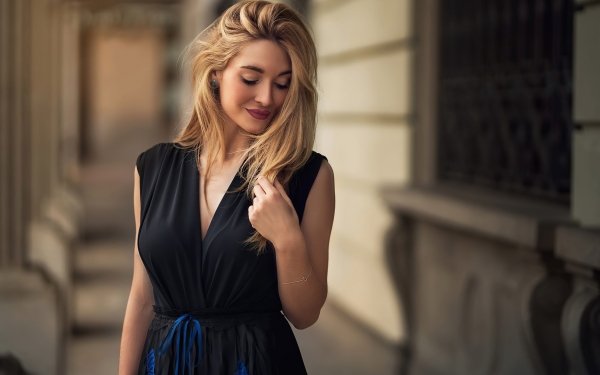 Women Mood Model Lipstick Blonde Depth Of Field Black Dress HD Wallpaper | Background Image