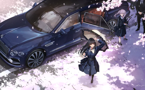 sakura black hair long hair parasol flower car Anime girl anime girl anime car HD Desktop Wallpaper | Background Image