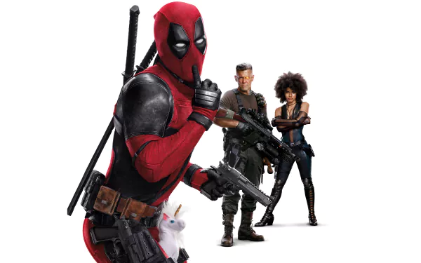 Deadpool 2 movie characters in vibrant HD desktop wallpaper featuring Wade Wilson, Cable, Domino portrayed by Ryan Reynolds, Josh Brolin, Zazie Beetz.