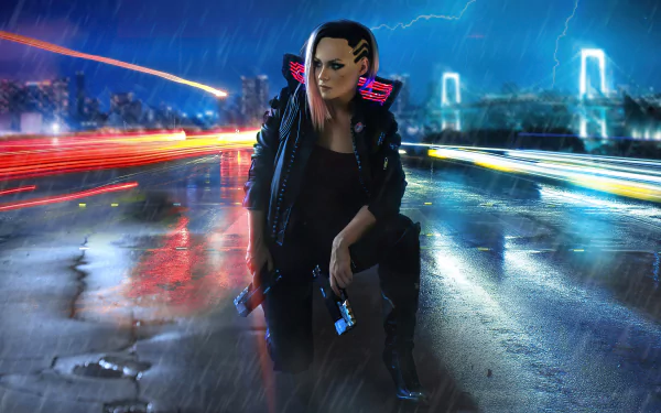 8K Ultra HD cyberpunk scene from Cyberpunk 2077 video game, featuring a futuristic cityscape with neon lights and a character in a high-tech jacket under stormy skies.