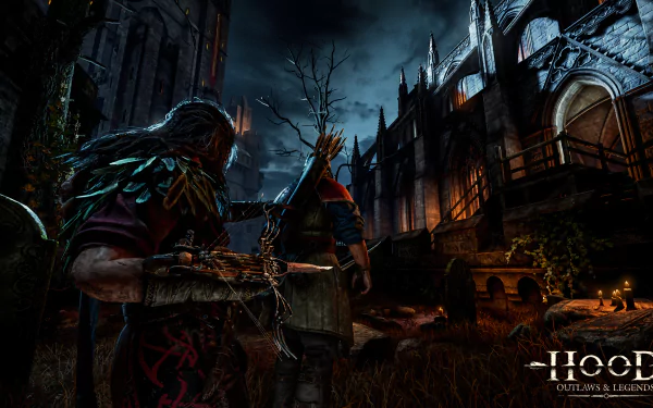 HD desktop wallpaper featuring character artwork from Hood: Outlaws & Legends video game with a dark medieval backdrop.