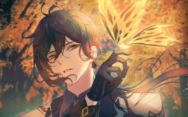 HD PC desktop wallpaper featuring Zhongli from the video game Genshin Impact, holding a glowing butterfly with a warm, ethereal background.