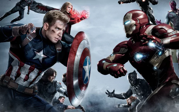 HD PC desktop wallpaper featuring Black Panther, Iron Man, Vision, Hawkeye, Winter Soldier, Scarlet Witch, and Captain America from the movie Captain America: Civil War.