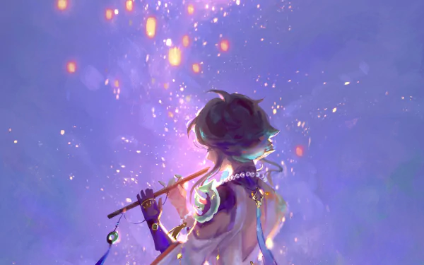 HD desktop wallpaper of Xiao from Genshin Impact, gazing into a mystical, glowing sky. The vivid colors and intricate design capture the essence of the popular video game, Genshin Impact.