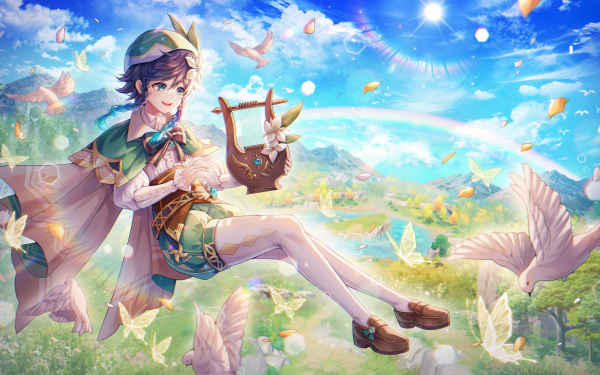 Video Game Genshin Impact Venti Dove Harp Rainbow Butterfly Landscape HD Wallpaper | Background Image