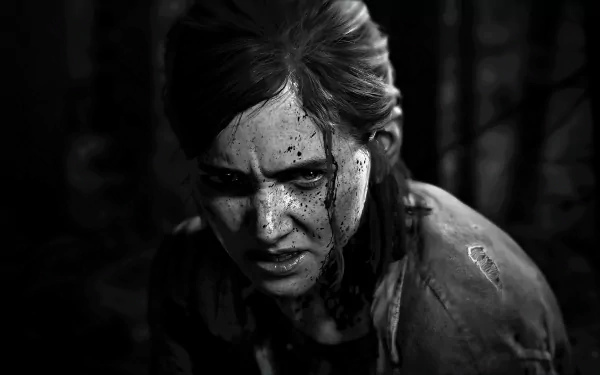 Close-up of Ellie from The Last of Us Part II, depicted in a gritty, intense black-and-white HD wallpaper for PC desktop background featuring video game art.