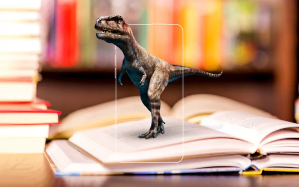 Augmented reality Tyrannosaurus Rex dinosaur emerging from an open book on a desk, with a blurred bookshelf background, in a high-definition desktop wallpaper.