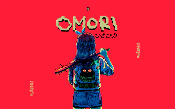 HD desktop wallpaper of Aubrey from the video game OMORI, featuring Aubrey holding a baseball bat against a vibrant red background with the OMORI logo at the top.