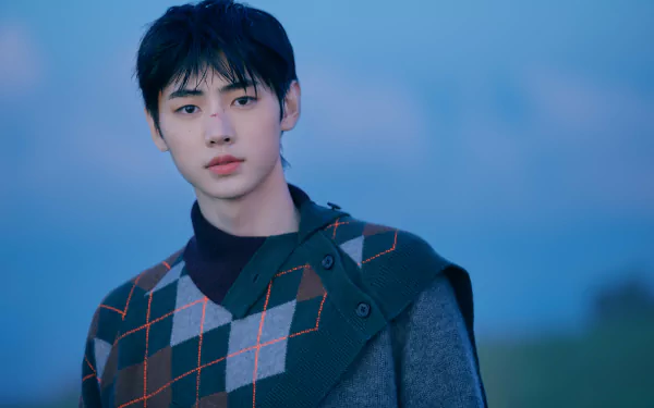 Young man in an argyle sweater against a dusky blue sky; moody K-pop music portrait. 5K Ultra HD PC desktop wallpaper, tagged ENHYPEN.