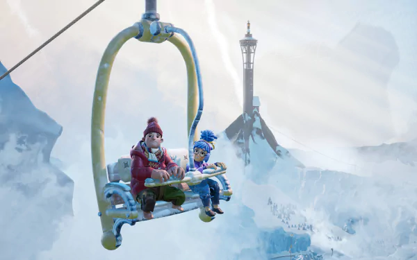 Cody and May from It Takes Two ride a ski lift above snowy mountains, featured in a 4K Ultra HD PC desktop wallpaper from the video game It Takes Two.