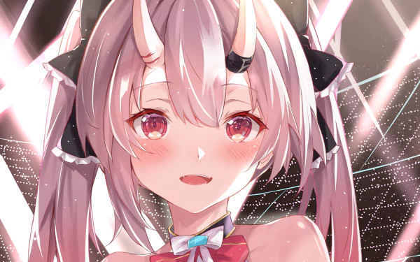 Close-up of Nakiri Ayame, a Hololive virtual YouTuber with pink hair, pink eyes, and distinct horns, rendered in high detail as a 4K Ultra HD anime desktop wallpaper.
