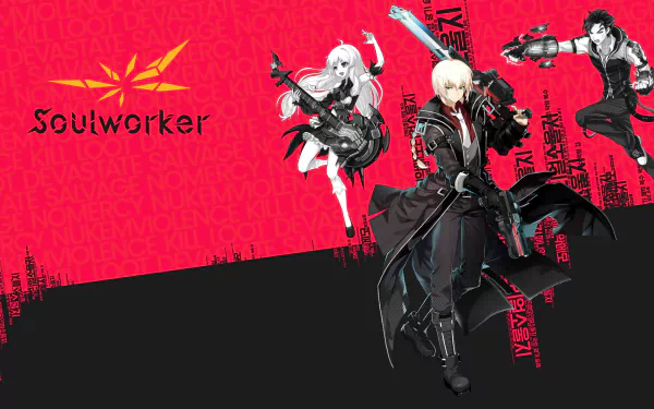 Dynamic SoulWorker game characters on a red and black HD desktop wallpaper showcasing action poses with game logo.