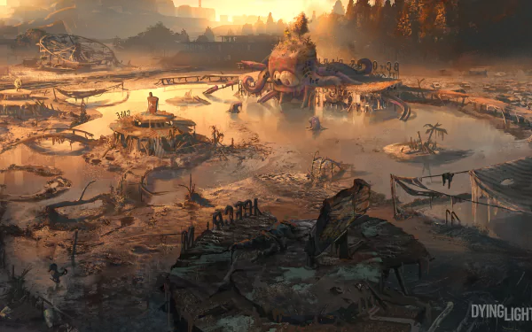 Post-apocalyptic landscape from the video game Dying Light 2: Stay Human, rendered in 4K Ultra HD for a PC desktop wallpaper background.