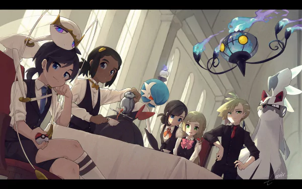 black hair blonde tea Chandelure (Pokémon) pokeball Silvally (Pokémon) Hau (Pokemon) Litwick (Pokémon) Lillie (Pokemon) Selene (Pokémon) Gladion (Pokémon) Elio (Pokémon) Pheromosa (Pokémon) video game Pokémon Ultra Sun and Ultra Moon HD Desktop Wallpaper | Background Image