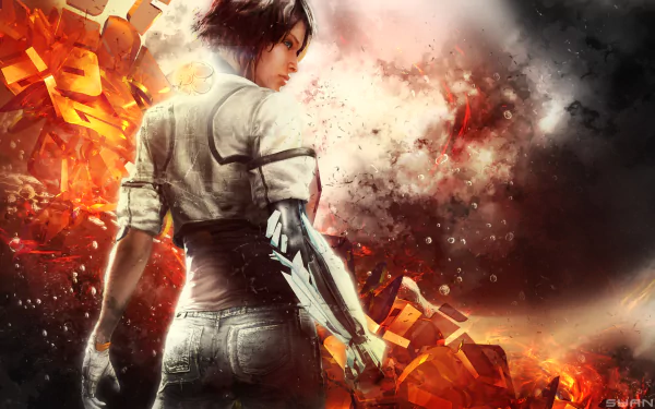 HD PC desktop wallpaper featuring Nilin from the video game Remember Me, showcasing a dynamic pose with fiery and smoky digital effects.