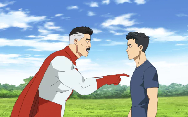 HD desktop wallpaper from the TV show Invincible featuring Nolan Grayson as Omni-Man pointing and talking to Mark Grayson outside under a bright blue sky.