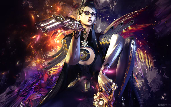 HD desktop wallpaper and background featuring Bayonetta, the character from the video game Bayonetta, depicted in an action-packed and visually striking pose amidst a vibrant and dynamic backdrop.