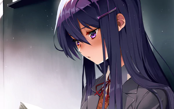 HD PC desktop wallpaper featuring Yuri from the video game Doki Doki Literature Club!, depicted reading under soft lighting with a focused expression.