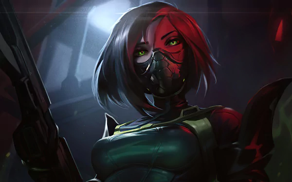Viper from Valorant striking a fierce pose in this 4K Ultra HD PC desktop wallpaper, showcasing her masked face and glowing green eyes in a dark, atmospheric setting.