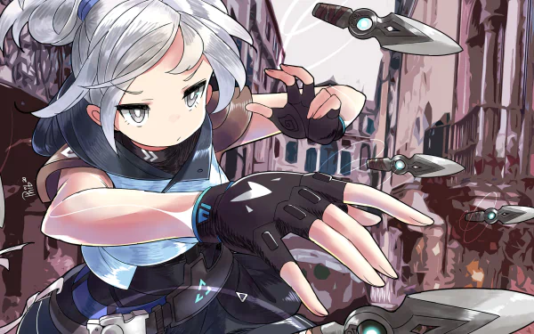 Jett from Valorant throws multiple kunai in an intense action pose in this vibrant 4K Ultra HD video game wallpaper.