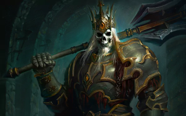 HD PC wallpaper featuring an undead warrior in ornate armor and a crown, wielding a large weapon, from the video game Diablo Immortal.