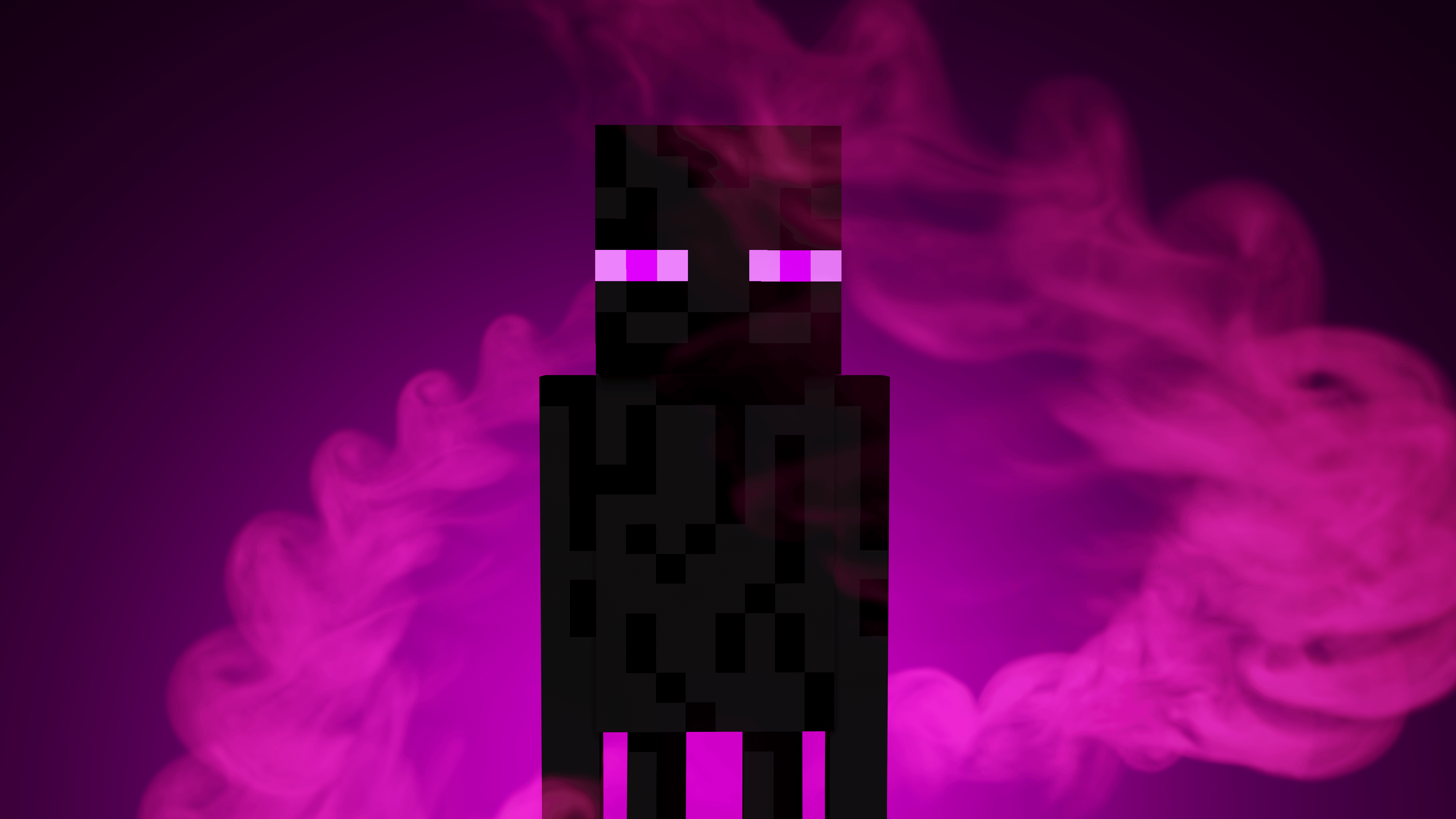HD desktop wallpaper featuring a Minecraft Enderman with glowing purple eyes on a purple smoky background.