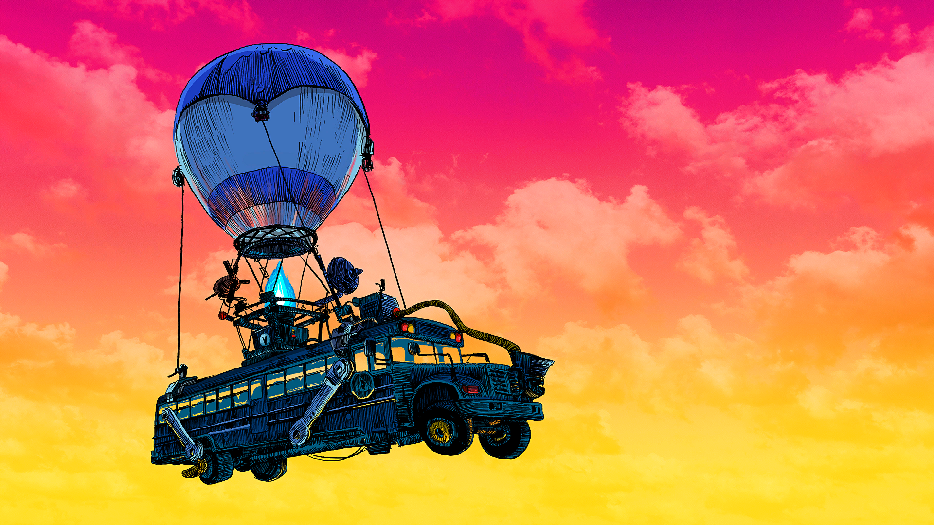 Fortnite loading screen HD PC desktop wallpaper: the blue-striped Battle Bus suspended by a balloon against a vivid pink-to-gold sky.