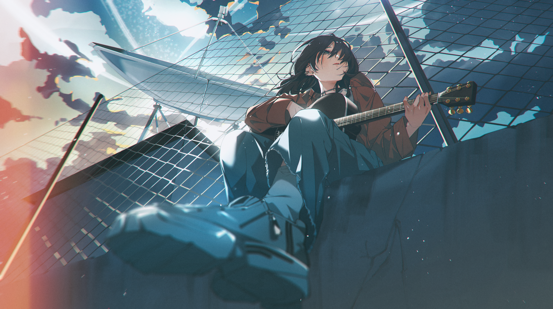 Anime-style HD desktop wallpaper of a black-haired character playing guitar atop a rooftop under a bright sky, blending music and urban atmosphere.