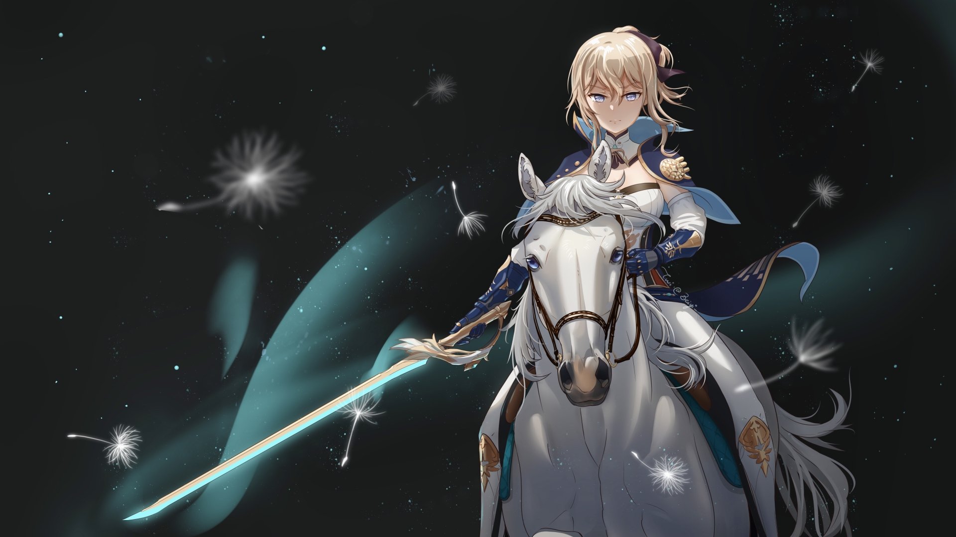 Jean from Genshin Impact rides a white horse, holding a glowing sword, in a detailed 4K Ultra HD PC desktop wallpaper background.