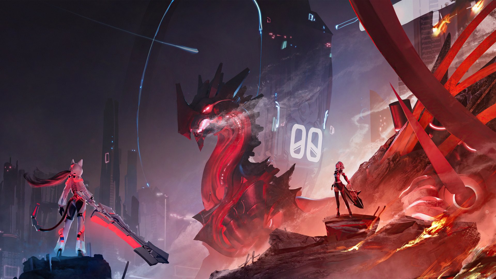 5K Ultra HD PC desktop wallpaper: fantasy scene of a woman warrior confronting a towering red dragon in a neon-lit, volcanic cityscape.