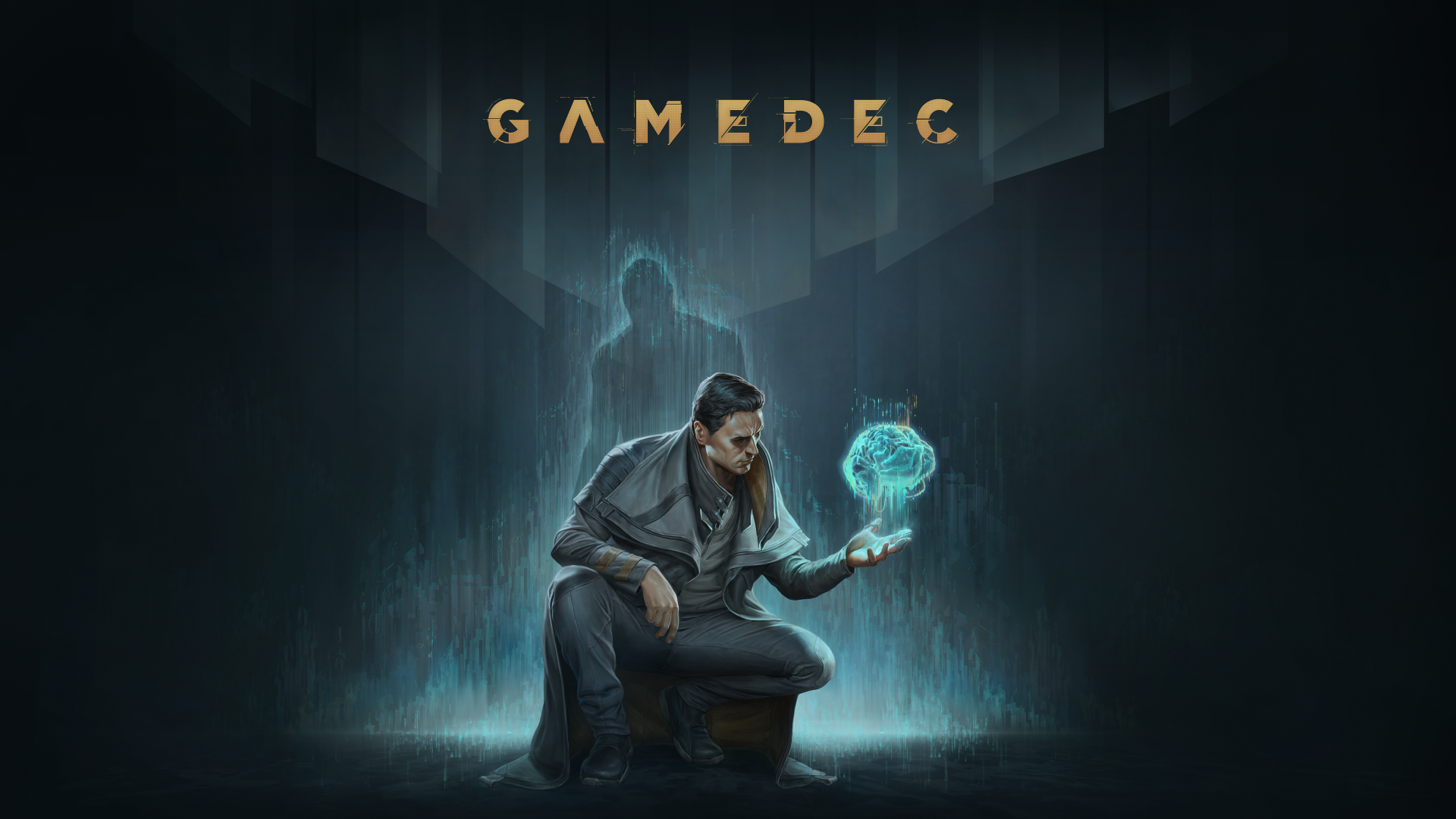 HD Gamedec desktop wallpaper featuring a detective analyzing a holographic interface.