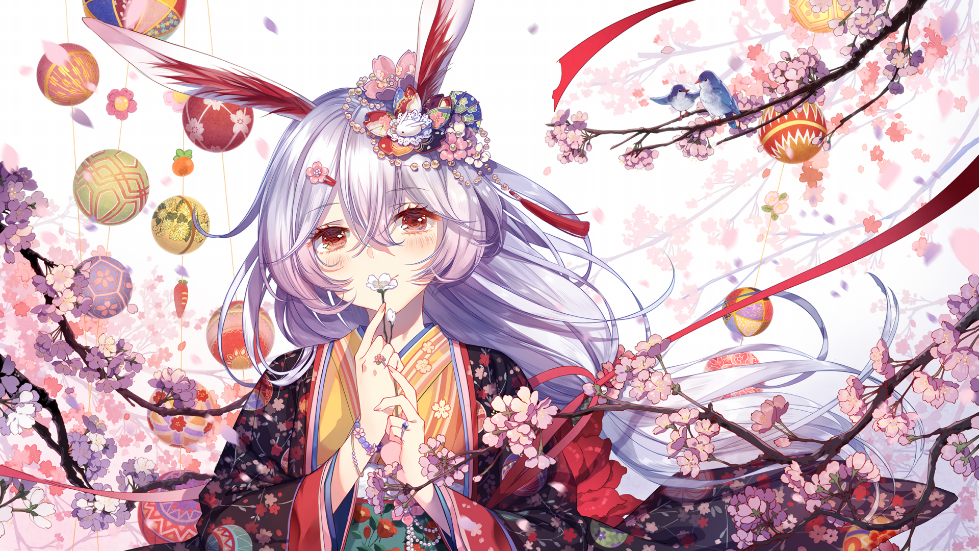 A high-definition desktop wallpaper featuring Theresa Apocalypse from Honkai Impact 3rd, wearing a kimono amidst a backdrop of cherry blossoms and traditional decorative elements.