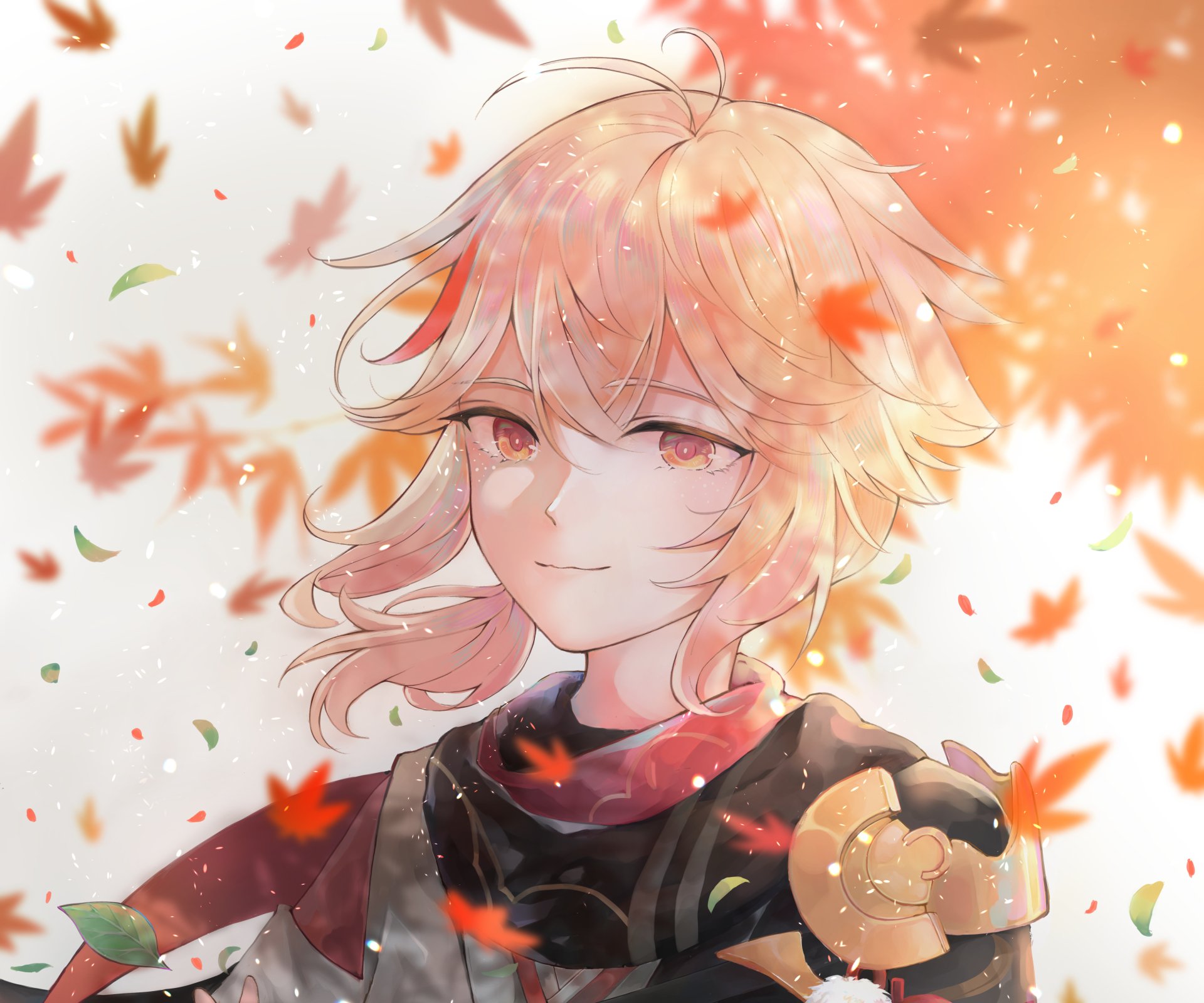 HD desktop wallpaper featuring Kaedehara Kazuha from Genshin Impact, with vibrant autumn leaves surrounding the character, creating a warm and serene background.