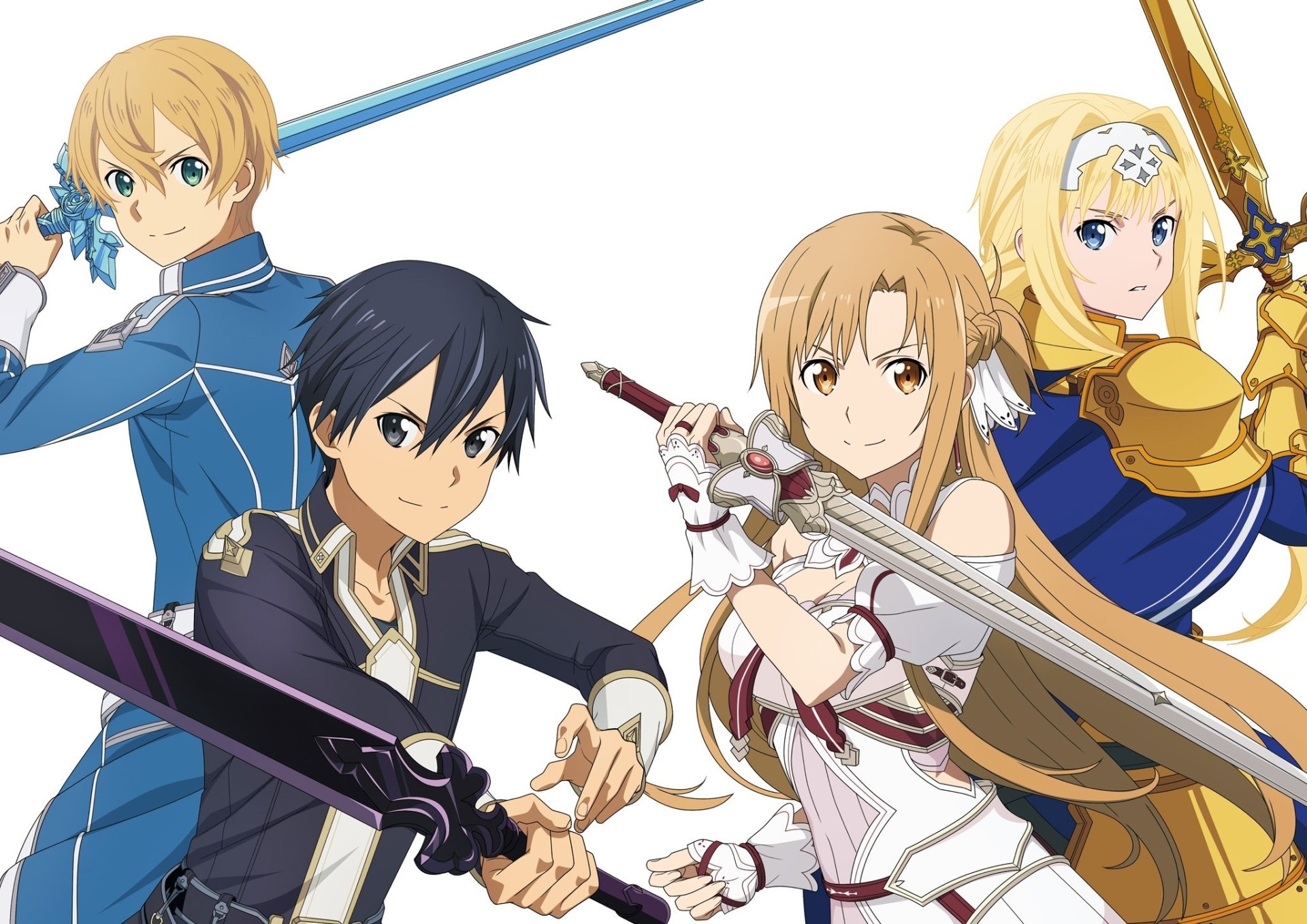 HD desktop wallpaper featuring Alice Zuberg, Eugeo, Asuna Yuuki, and Kirito from the anime Sword Art Online: Alicization, showcasing Kirito and Asuna with their swords.