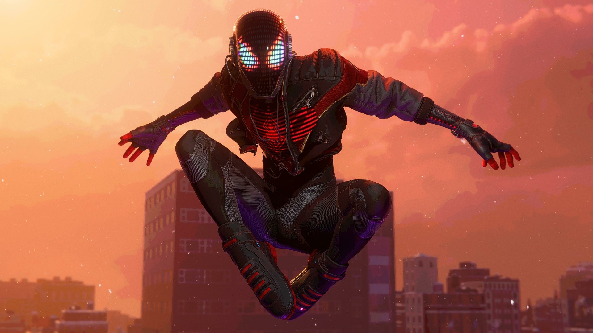 Spider-Man (video game) from Marvel's Spider-Man Remastered leaping toward the viewer at sunset above a city skyline — 4K Ultra HD PC desktop wallpaper and background.