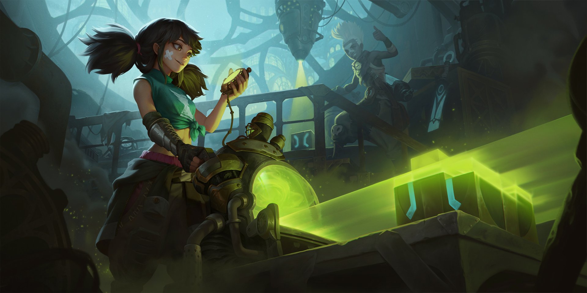 Ekko in a Zaun workshop, tinkering with glowing green tech; Legends of Runeterra/League of Legends video game HD PC desktop wallpaper.