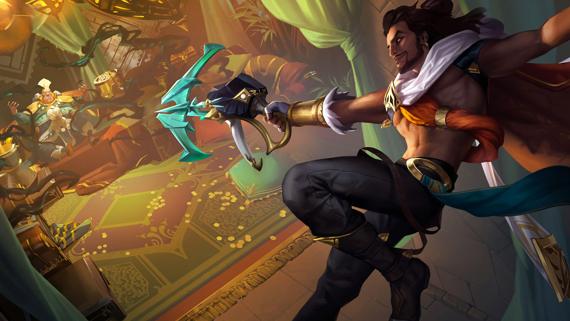 HD PC desktop wallpaper of Akshan (League of Legends) from the video game Legends of Runeterra, leaping across a lavish treasure chamber, firing his grappling pistol in a dynamic action pose.