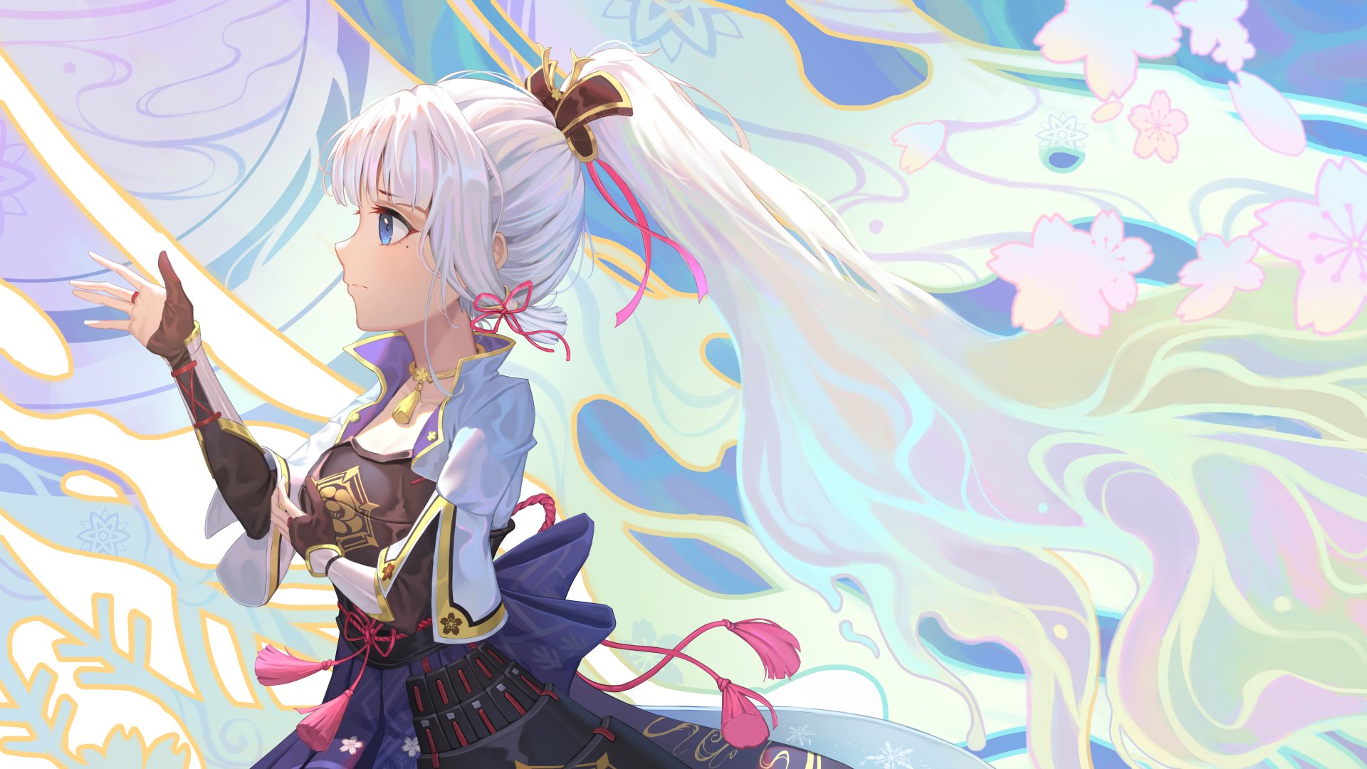 Kamisato Ayaka (Genshin Impact, video game) in profile, blue-white kimono and flowing hair against pastel floral swirls — 5K Ultra HD PC desktop wallpaper.