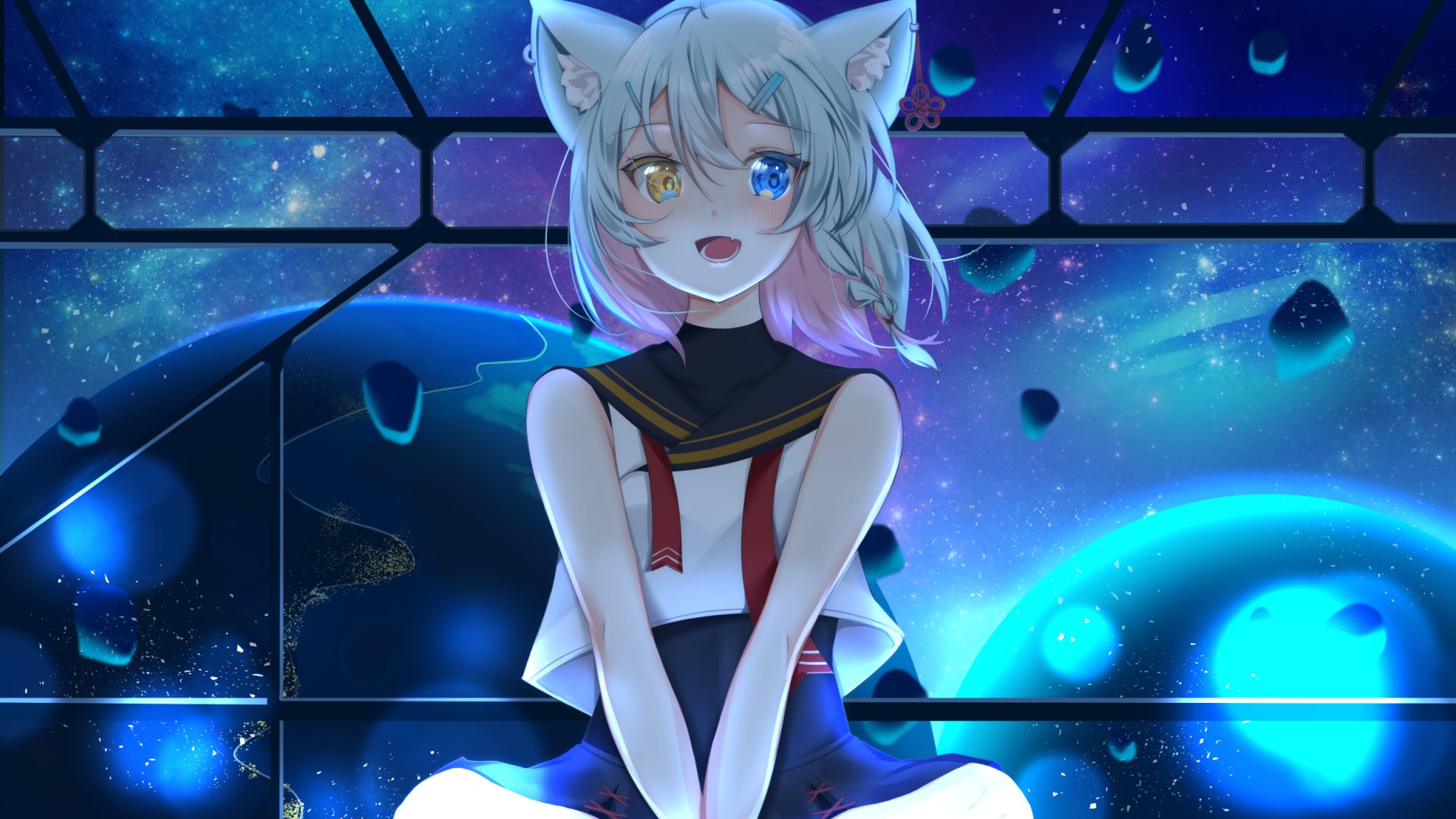 Anime girl with short grey hair, animal ears, and heterochromia eyes sits against a vibrant cosmic space backdrop in this HD PC desktop wallpaper.