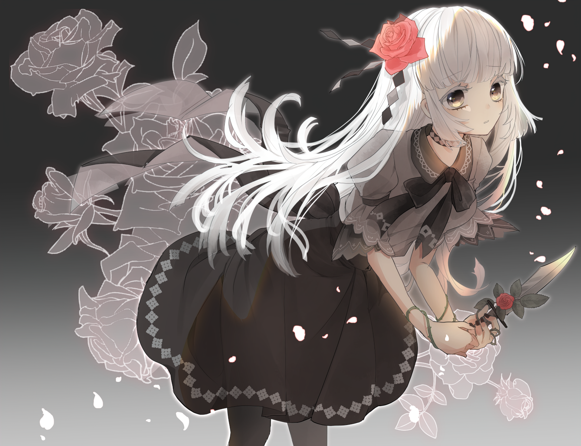 2K Quad HD PC desktop wallpaper: a long white-haired anime girl in a dark dress holds a dagger and a red rose amid floating petals and sketched roses.