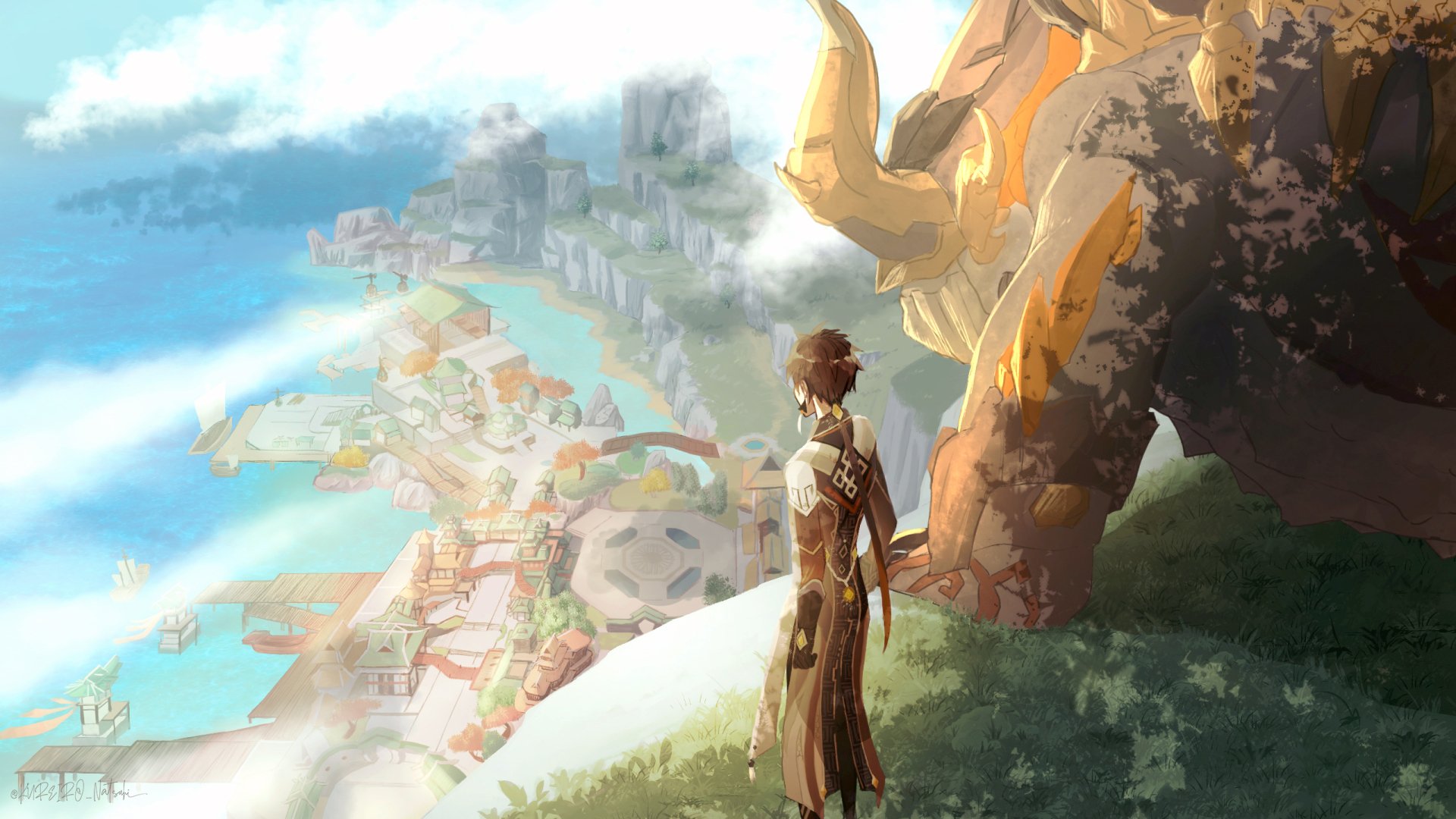 Zhongli stands beside Azhdaha on a cliff, overlooking Liyue's coastal cityscape — Genshin Impact video game 2K Quad HD PC desktop wallpaper/background.
