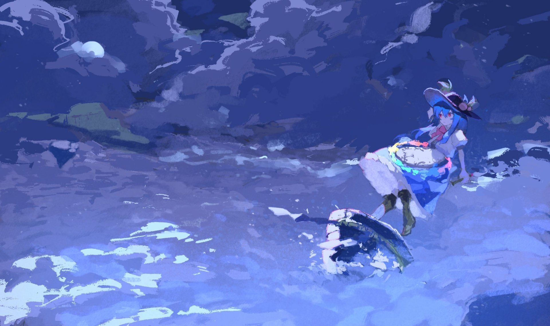 HD anime desktop wallpaper featuring Tenshi Hinanawi from Touhou, set against a dynamic, moonlit sky with clouds and water reflections.