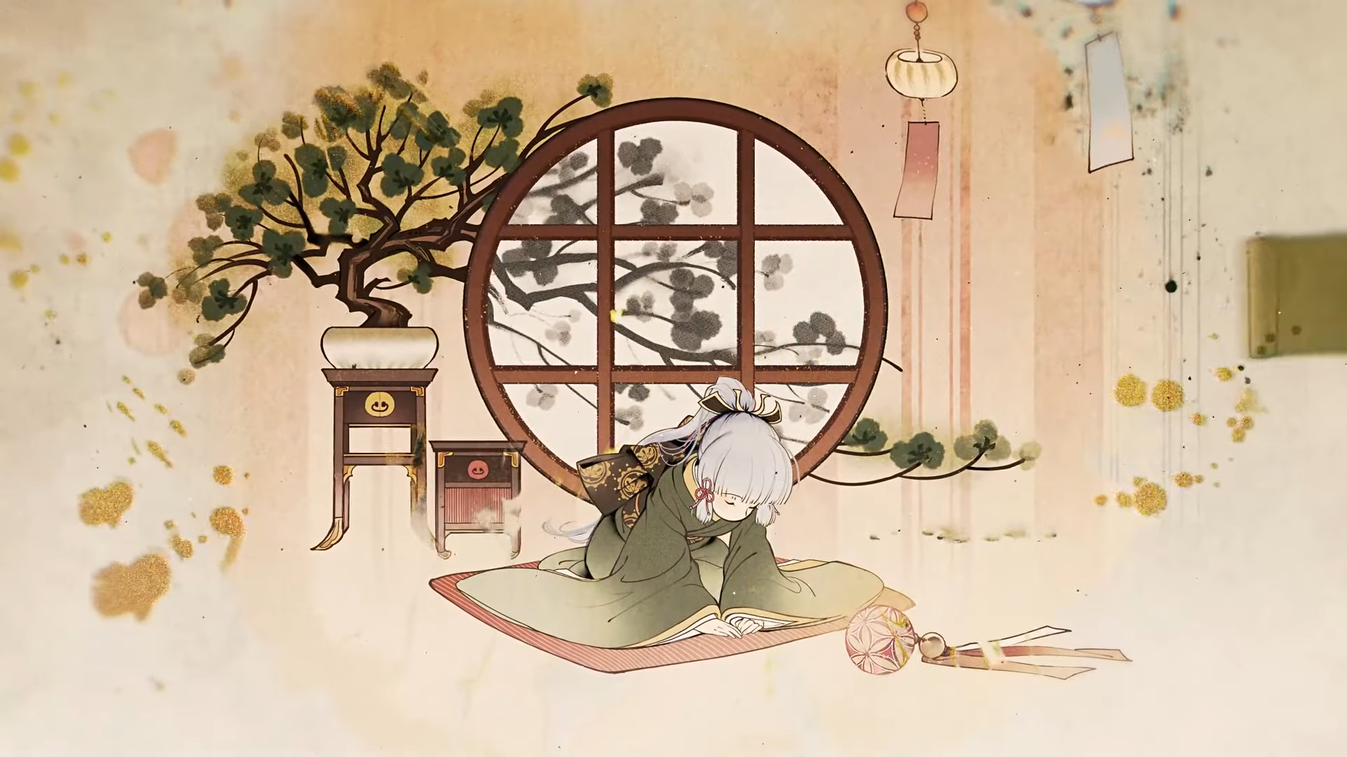 HD PC desktop wallpaper featuring Kamisato Ayaka from the video game Genshin Impact in a serene, traditional Japanese-inspired setting.