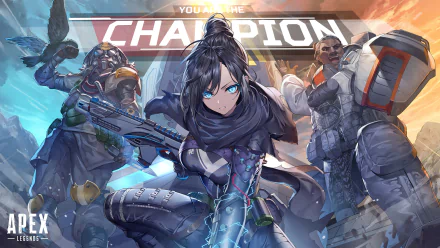 HD PC desktop wallpaper featuring Apex Legends characters Gibraltar, Wraith, and Bloodhound in dynamic action poses with a You’re the Champion banner.