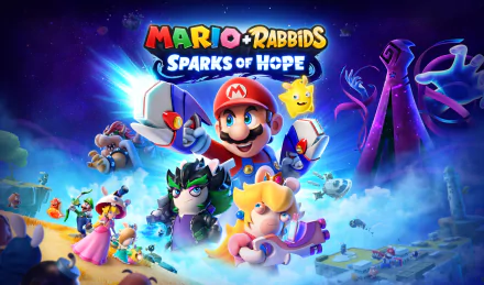 HD desktop wallpaper featuring Mario, Luigi, Princess Peach, Bowser, and Rabbids from the video game Mario + Rabbids Sparks of Hope in an epic, colorful fantasy setting.
