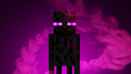 HD desktop wallpaper featuring a Minecraft Enderman with glowing purple eyes on a purple smoky background.