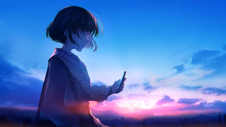 Anime girl with short black hair holding a smartphone against a vibrant sunset sky, rendered in high-definition as a PC desktop wallpaper background.
