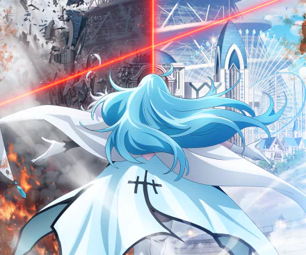 Anime wallpaper featuring Vivy from Vivy: Fluorite Eye's Song. Vivy with aqua hair stands with a futuristic city in the background. Red beams of light and contrasting landscapes create a dynamic scene.