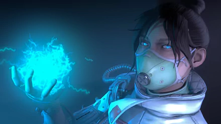 Wraith (Apex Legends) from the video game Apex Legends, masked with glowing eyes, holding a pulsing blue energy orb against a dark HD PC desktop wallpaper background.